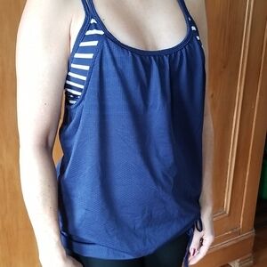 Navy Blue Striped Women's Activewear Top
